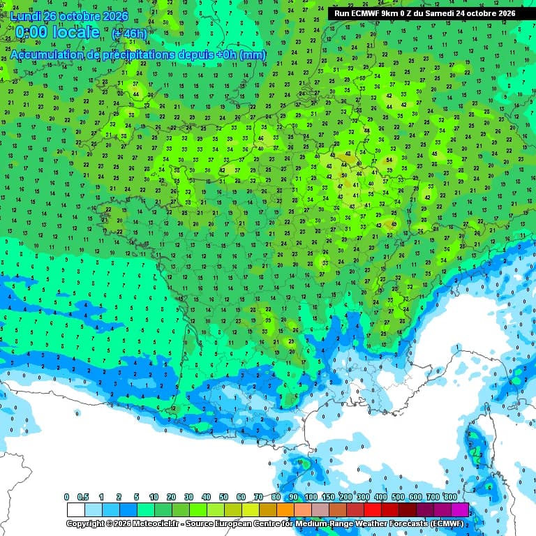 Cumuls pluviométriques envisagés entre aujourd'hui samedi et demain dimanche