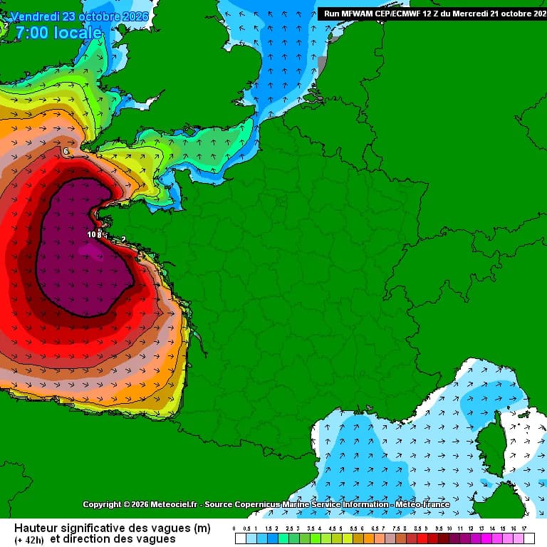 Hauteur des vagues prévue par le modèle européen ECMWF