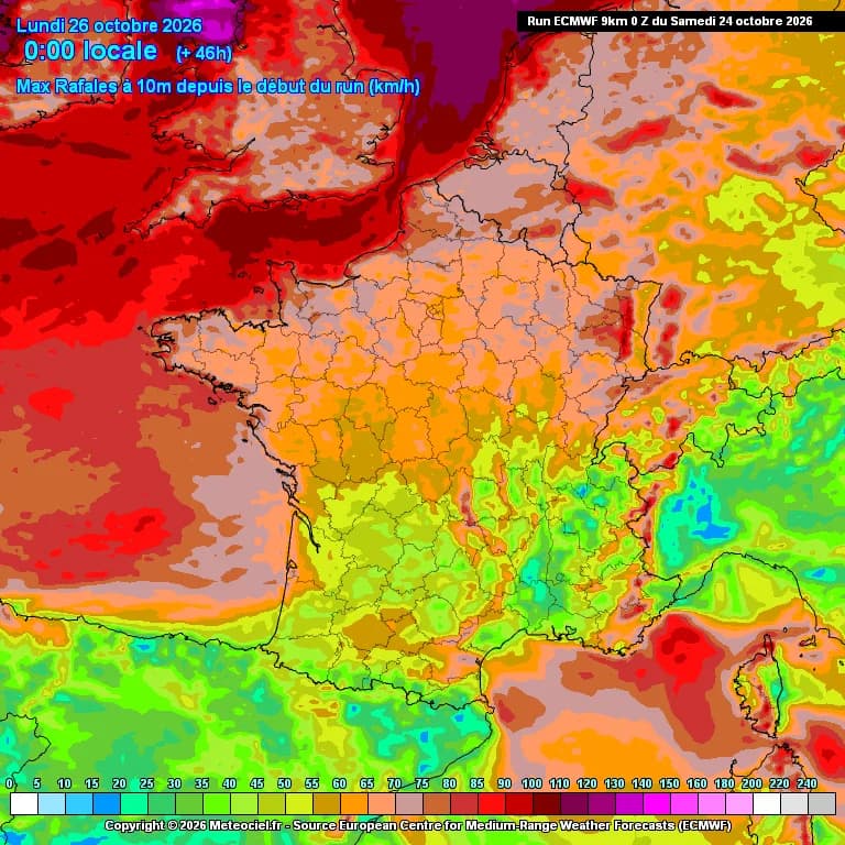 Rafales maximales attendues en France au cours du week-end