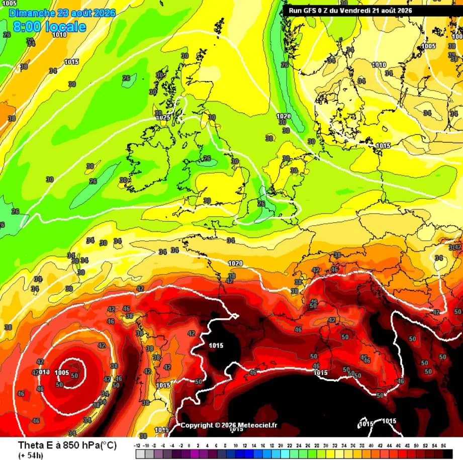 Masse d’air chaud et humide simulée dimanche 23 août